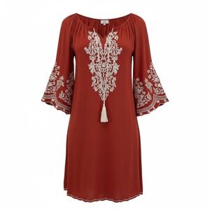 Boho Embroidered Tassel Tie Tunic Dress Top 3X Orange Coral Cotton Rayon Flowy